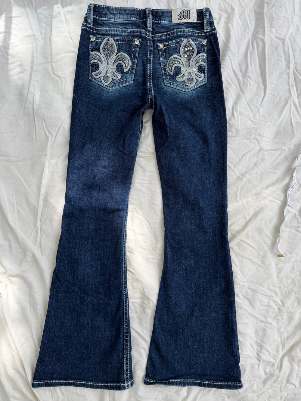 Miss Me Girls Mid-rise Flare Dark Blue Fleur-de-Lis Jeans- adjustable waist